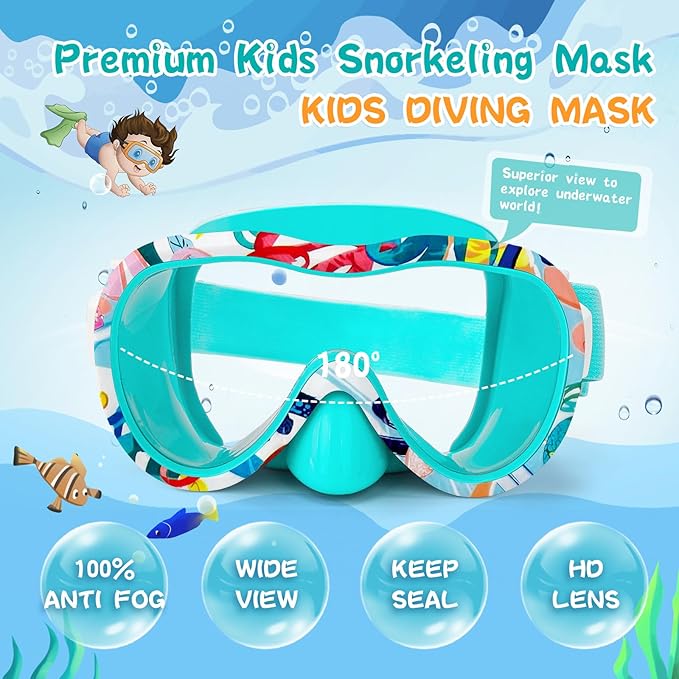 Kids Swim Goggles with Nose Cover, 180° Panoramic Snorkel Mask with Anti-Fog & Anti-Leak Design, Comfort Fabric Strap UV Protection Lens for Boys Girls Ages 3-15