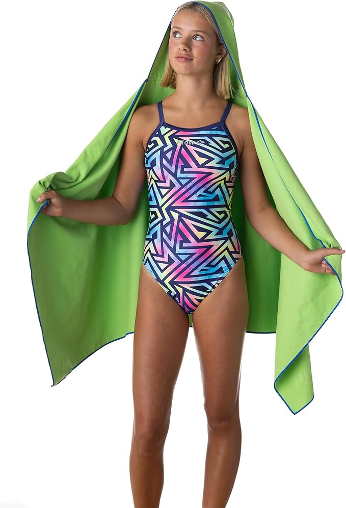 Flow Hydro Sport Towel - Microfiber Quick Dry Swimming Towels for Swim, Pool, Triathlon, and Other Water Sports in Medium, Large, Extra Large, and Hooded Sizes (Lime, Large w/Hood)