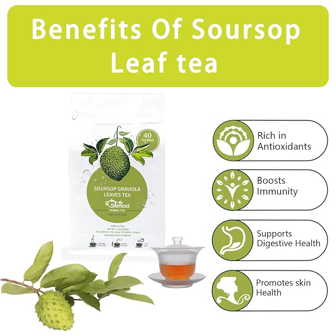 Samcci - Soursop Leaves Tea Bags, 40Teabags, 1.5g/bag, 100% Pure Sour Sop Graviola leaves Tea - Hojas De Guanabana Tea - Improve Digestion - Promotes Skin Health - Non-GMO - Caffeine-Free