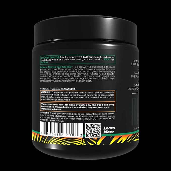 Driven B&G Berries & Greens Superfood Powder, 30 Servings - Organic Plant-Based Formula with Probiotics & Digestive Enzymes -Supports Recovery, Healthy Digestion, and Immune Function (Citrus Delight)