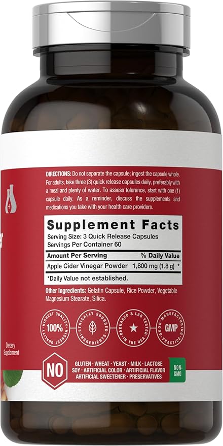 Horbaach Apple Cider Vinegar Capsules | 1800mg | 180 Count | Non-GMO, Gluten-Free Supplement | by Berkshire Labs
