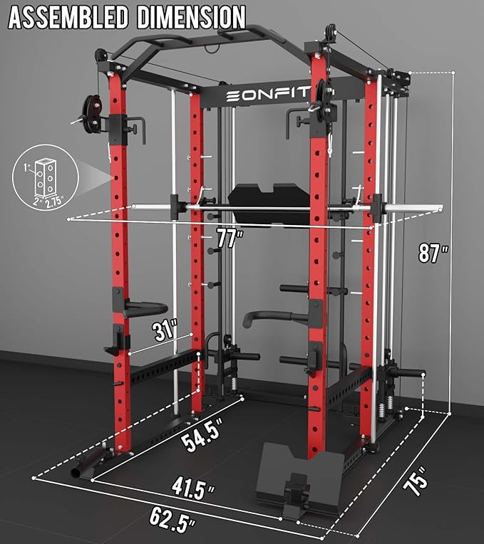 Eonfit E5 Smith Machine with Vertical Leg Press, Power Cage Squat Rack with LAT-Pull Down Cable Crossover Rotating Arms System Home Gym Equipment All in One (E5 RED)