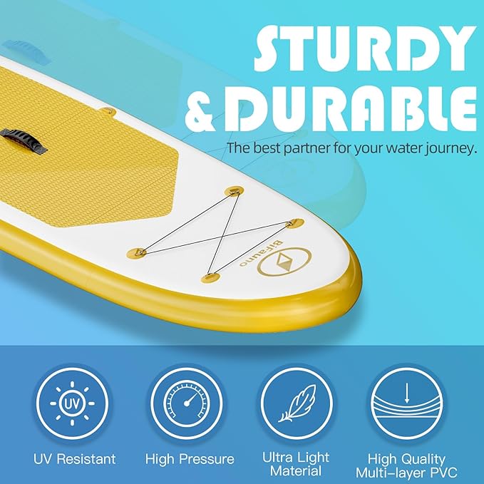 Inflatable Stand Up Paddle Board with SUP Accessories & Backpack. Paddle Boards for Adults. Non-Slip Deck, Wide Stance, Bottom Fin, Double Action Pump.