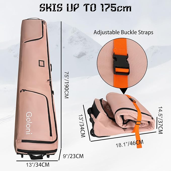 Goloni Ski Bag with Wheels,Padded Snowboard Bag for Air Travel,600D Waterproof Fabric,Foldable Snow Bag Fits 2 Pairs Skis