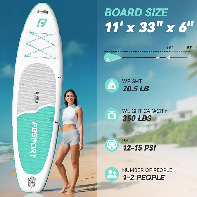FBSPORT 11FT Premium Inflatable Stand Up Paddle Board with Electric Pump, Yoga Board with SUP Accessories & Carry Bag | Wide Stance, Surf Control, Non-Slip Deck, Leash and Paddle for Youth & Adult
