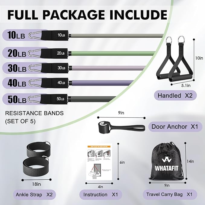 WHATAFIT Resistance Bands, Exercise Bands，Resistance Bands for Working Out, Work Out Bands with Handles for Men and Women Fitness, Strength Training Home Gym Equipment