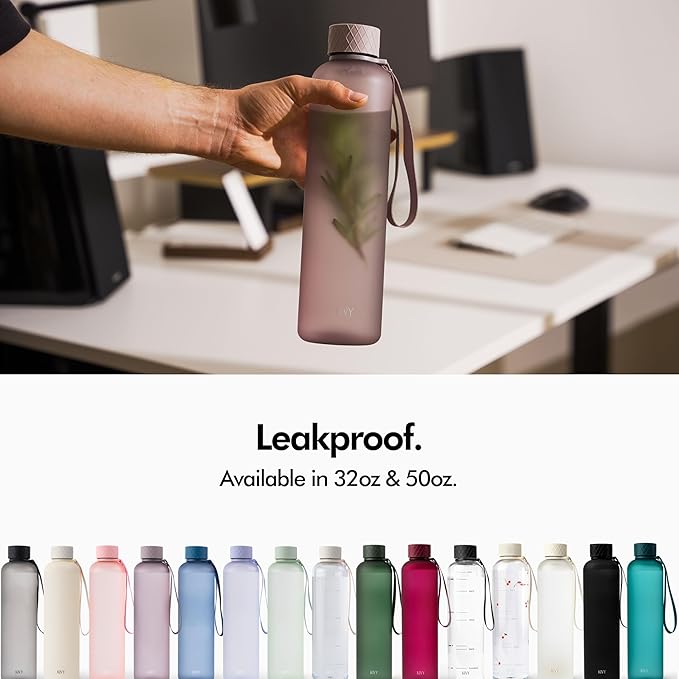 KIVY Slim Water Bottle 32oz [Lightweight & Shatterproof] Fits Backpack & Cupholder for Travel, Sports, School, Gym - Clear water bottle with measurements - Transparent Tritan Black - Dishwasher Safe