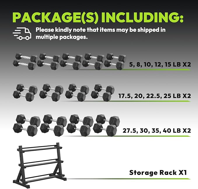 Hex Dumbbell Sets with Rack, 290-670 lb Rubber Encased Exercise & Fitness Dumbbells Set, Hand Weight for Strength Training, Weight Dumbbells