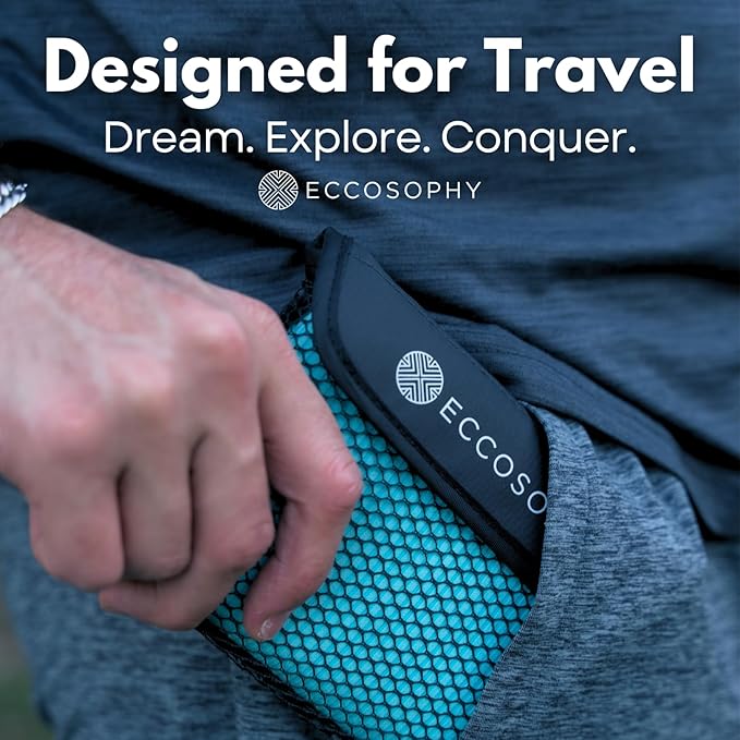 ECCOSOPHY Microfiber Beach Towel – Quick Dry Gym Towel, Highly Absorbent with Ribbed Texture, Lightweight – Ideal for Travel, Pool, Yoga, Fitness & Outdoor Adventures – 40x20 Aqua