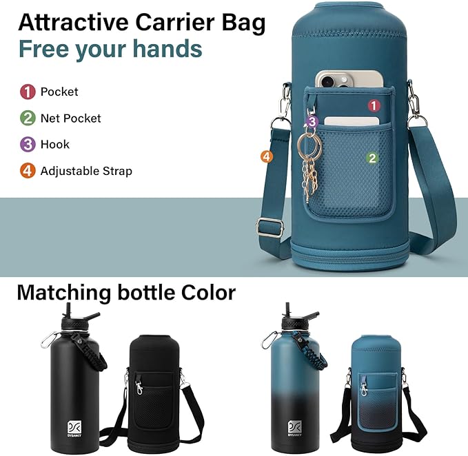 Insulated Water Bottle | Thickened Stainless Steel for Gym and Hiking with Straw, Carrier Bag, Handle Strap | BPA-Free 87 oz