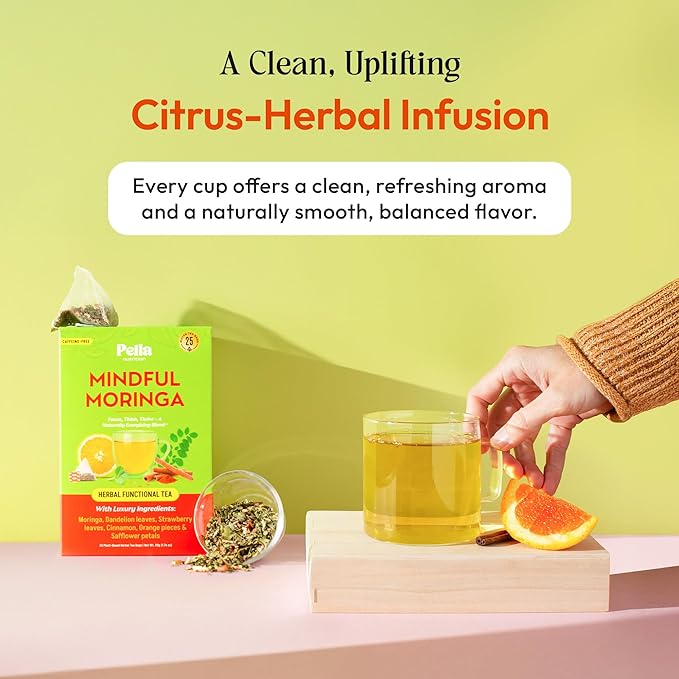 Moringa and Dandelion Tea – With Orange, Cinnamon, Strawberry, and Safflower Petals – Gluten-Free, Vegan, Kosher – Caffeine-Free, Healthy Energy Drink – Herbal Blend for Focus & Wellness (25 Tea Bags)