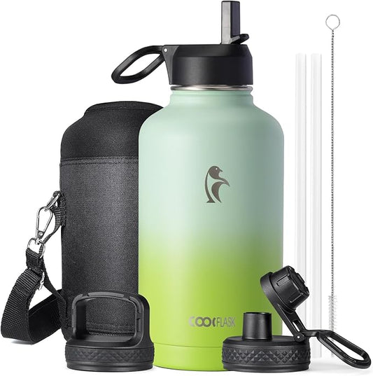 Half Gallon Water Bottle Insulated with Straw & 3 Lids, Coolflask 64 oz Water Jug Large Metal Stainless Steel Wide Mouth for Sports, Gym or Office, Non-BPA Keep Cold 48H Hot 24H, Ombre Green