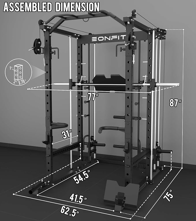 Eonfit E5 Smith Machine with Vertical Leg Press, Power Cage Squat Rack with LAT-Pull Down Cable Crossover Rotating Arms System Home Gym Equipment All in One (E5 RED)