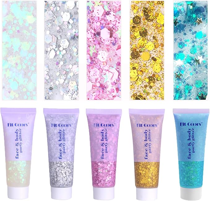 Face Body Glitter, Hair Glitter Sparkles Chunky Face Glitter Gel for Girls Makeup Singer Concerts Mermaid Festival Sequins Face Paint (White+Silver+Pink+Gold+Light Blue)