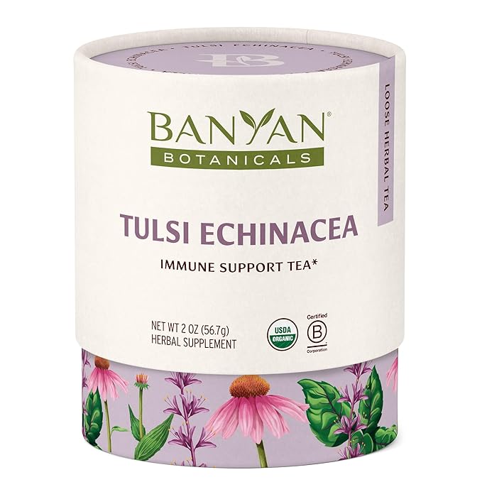 Banyan Botanicals Tulsi Echinacea Tea – Organic Immune Support Tea with Turmeric & Rosehip – Caffeine Free Tea for Healthy Immune Function* – 2 oz. – Non-GMO Sustainably Sourced Herbal Loose Leaf Tea