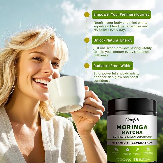 Matcha Moringa Powder – Superfood Blend with Green Tea & Resveratrol, Energy & Focus Support, Immune & Antioxidant Defense, Vegan, Gluten-Free, 8oz