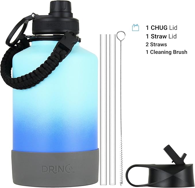 DRINCO Stainless Steel Water Bottle Spout Lid Vacuum Insulated Double Wall Water Bottle(64oz 40oz 32oz 22oz 18oz 14oz) Leak Proof Keep Cold Sport Camping Hiking (64 oz, 64oz Morning Sky Blue)