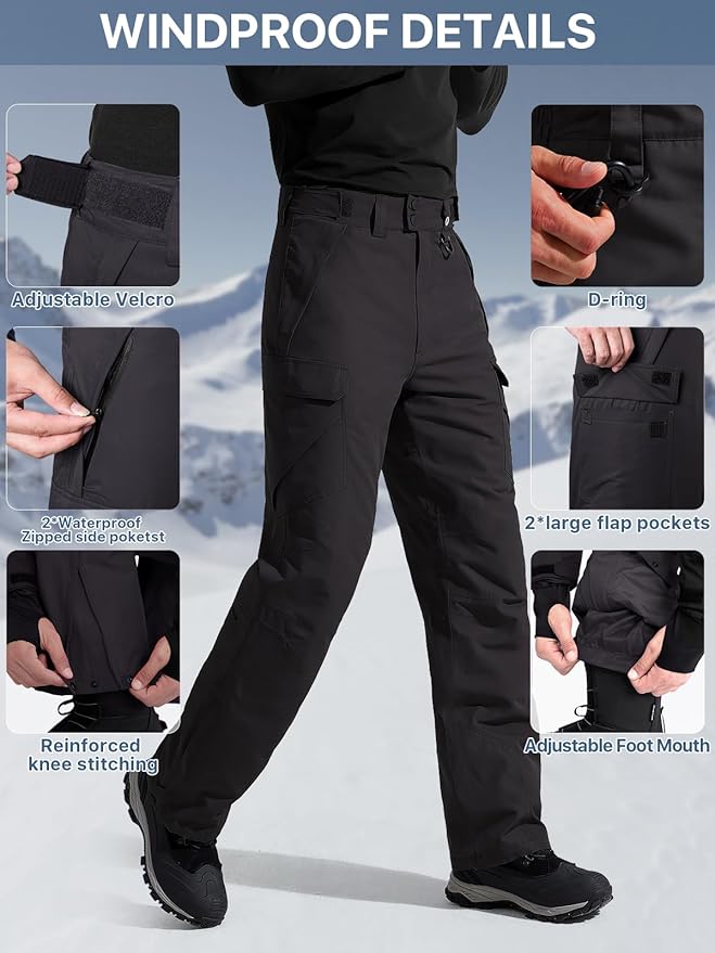 FREE SOLDIER Men's Waterproof Snow Insulated Pants Winter Skiing Snowboarding Pants with Zipper Pockets
