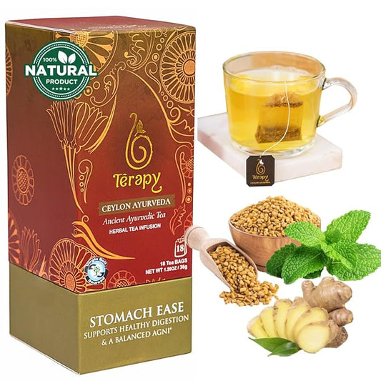 Térapy Ceylon Stomach Ease Herbal Tea Bags | Soothes Stomach & Supports Healthy Digestion | All Natural Ayurvedic Ingredients Including Peppermint, Ginger, Licorice | 18 Individually Wrapped Tea Bags