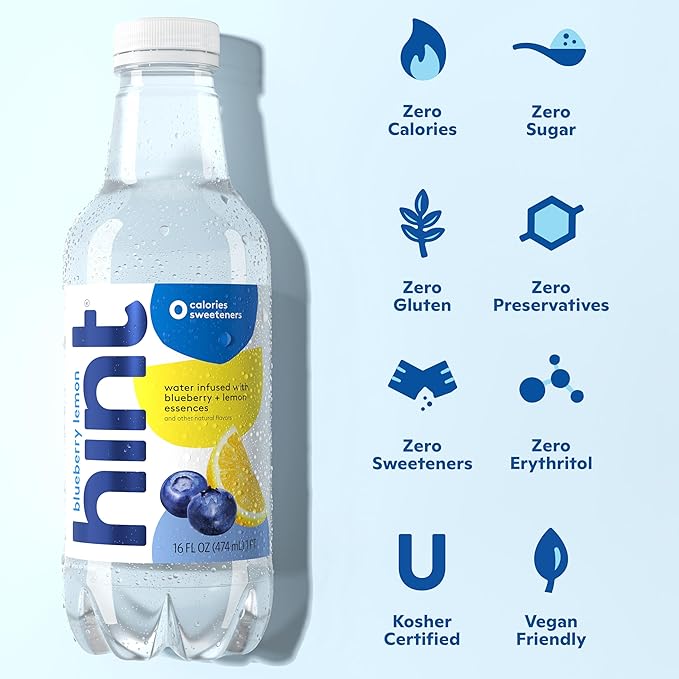 Hint Water Blueberry Lemon, Pure Water Infused with Blueberries & Lemons, Zero Sugar, Zero Calories, Zero Sweeteners, Zero Preservatives, Zero Artificial Flavors, 16 Fl Oz (Pack of 12)