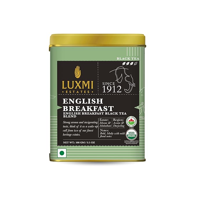 Luxmi Estates - Tale of Two Estates - Organic English Breakfast Tea - Loose Leaf - 100g (50 Cups) | Made with Organic Darjeeling & Assam Tea from India | Smooth, Flavorful, Robust and Caffeinated