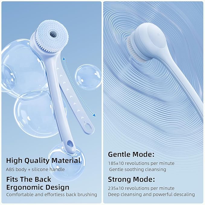 Electric Body Brush Back Scrubber for Shower, Waterproof Long Dual Handle Power Body Scrubber with 3 Heads, Rechargeable Bath Brush & 2 Speeds, for Cleansing, Exfoliating and Massaging Skin