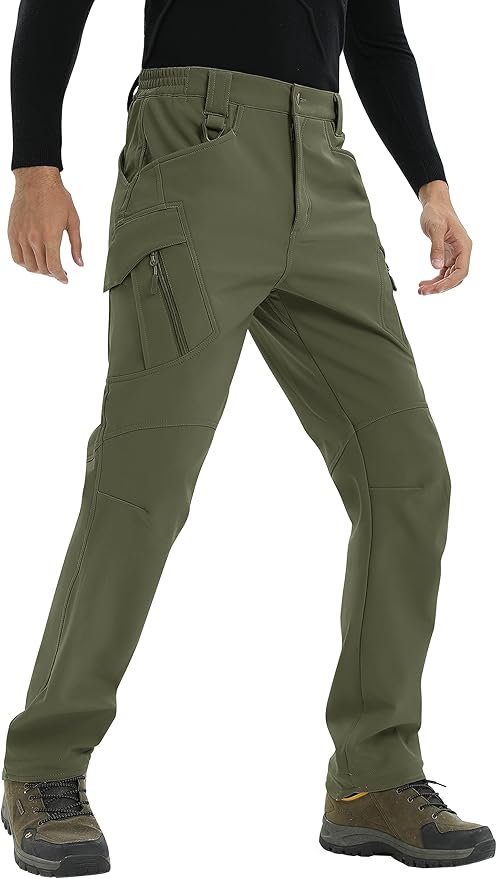 TACVASEN Men's Winter Pants 9 Pockets Fleece Snow Hiking Pants Water-Resistant Warm Softshell Thick Tactical Pants