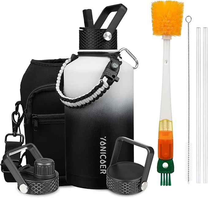 Insulated Water Bottle 64oz,Triple Wall Vacuum Stainless Steel(Dishwasher Safe),Leak Proof & Non-BPA,Flask Jug with Paracord Handle & Straw Spout Lids Sports