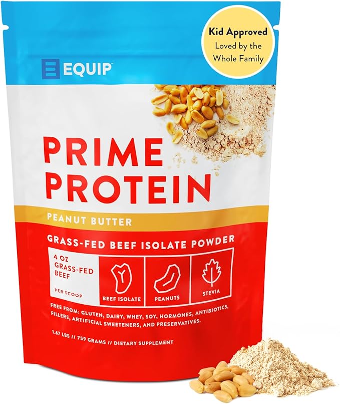 Equip Foods Prime Protein Powder | Clean, Grass Fed Beef Protein Powder for Women & Men | Carnivore Protein Isolate | Paleo, Keto Friendly | Gluten & Dairy Free | 30 Servings, Peanut Butter