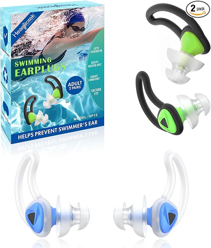 Hearprotek Swimmer Ear Plugs, [2 Pairs] Custom-fit Water Protection Adult Swimming earplugs for Swimmers Pool Shower Bathing and Other Water Sports(Blue&Green)