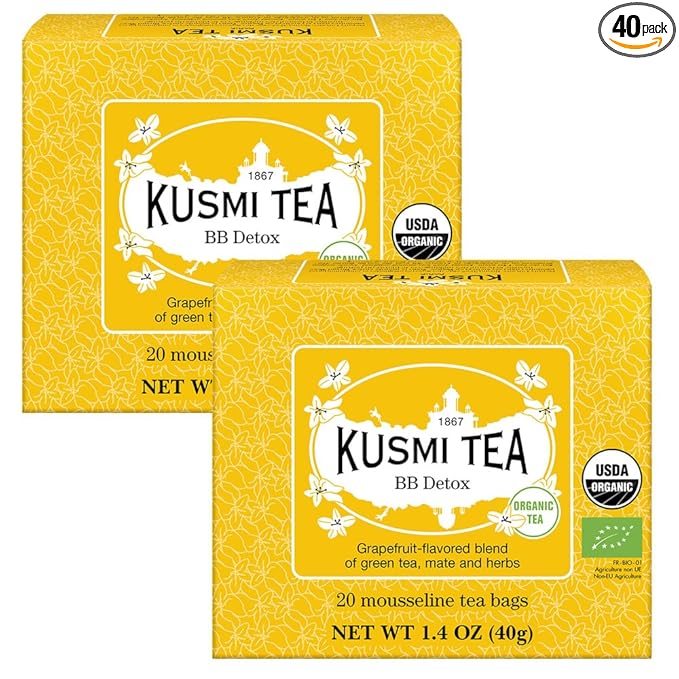 Kusmi Tea - Pack of 2 Boxes of Tea Bags - BB Detox - Iconic Detox Tea - 100% Organic - Blend of Green Tea, Mate & Grapefruit - Organic Flavored Yerba Mate - 2x20 Tea Bags