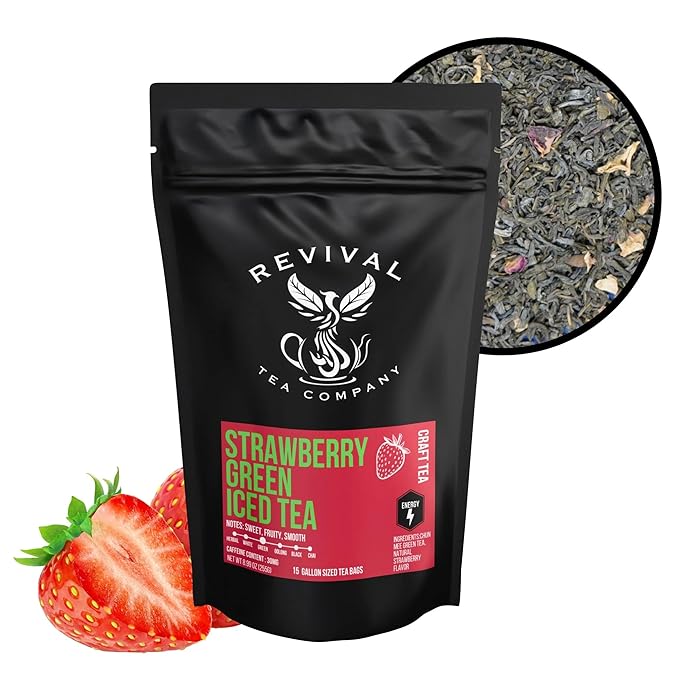 Revival Tea Company Strawberry Green Iced Tea - 1 Gallon Sachets - Green Tea Blend with Natural Strawberry Flavor - 15 Count