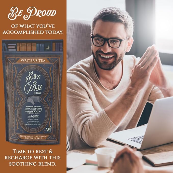 Writer's Tea Save & Close - Nighttime Tea - Chamomile, Lavender, Peppermint, Licorice Root, and Blackberry Leaves Tea Blend - Caffeine Free - 20 Woven Sachets