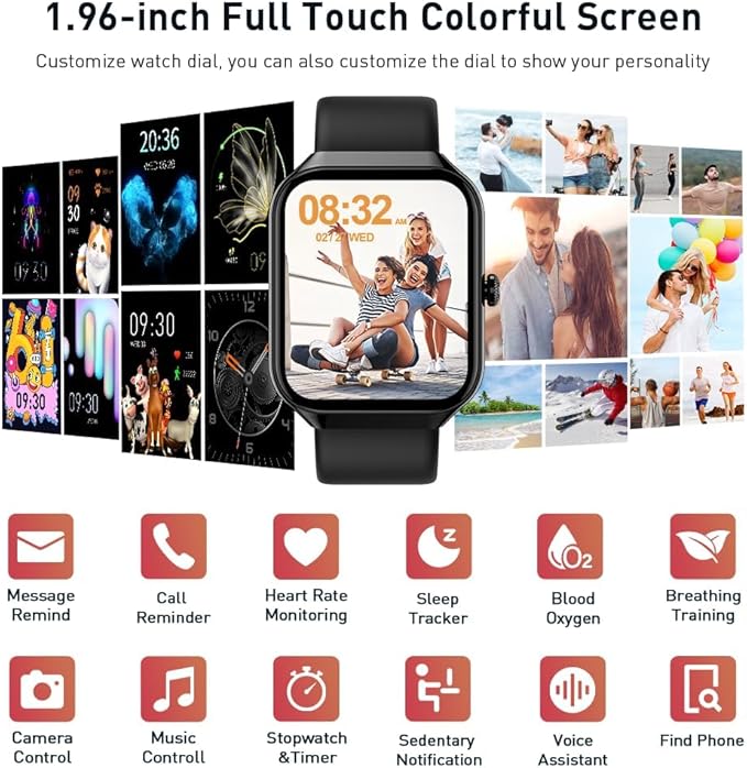 Smart Watch(Answer/Make Call), 1.96" HD Smartwatch for Men Women, 2025 Fitness Activity Tracker with Heart Rate/Sleep Monitor/Pedometer/110+ Sport Modes, IP68 Waterproof Fitness Watch for Android iOS