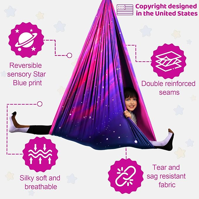 Double Layer Sensory Swing for Kids & Adults Holds up to 300lbs Indoor and Outdoor Therapy Cuddle Swing with 360° Swivel Hanger Kit Adjustable with Aspergers Autism ADHD (Galaxy Purple)