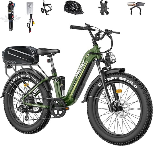 FREESKY Electric Bike for Adults,105mile Long Range Ebike, 2000W Motor 37MPH Fast Step-Thru E Bike 25Ah Samsung Cells Battery Full Suspension Electric Dirt Bicycle 26'' Fat Tire for Commuter Mountains