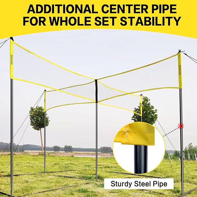 GOOX 4 Square Volleyball Net Game Set, 14 FT 4-Way Volleyball Net for Backyard Beach Lawn, Portable Four Square Volleyball Net for Adults & Youths with Vollyball, Pump, Carry Bag