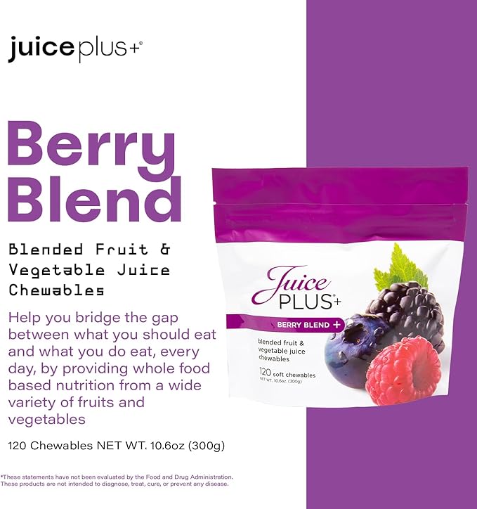 Juice Plus+ Berry Blend Soft Chews - Tasty, Vegan Gummies for All Ages - Nutrients from 12 Superfood Ingredients Including Elderberry, Raspberry, Bilberry, Blueberry & More - 120 Chewables