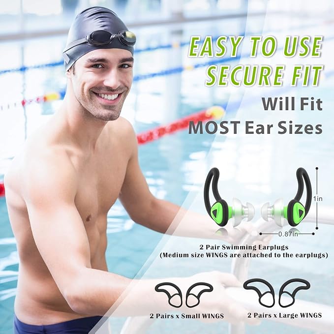 Hearprotek [2 Pairs] Ear Plugs for Swimming,Swim Ear Plugs Adults-Waterproof Silicone Water earplugs for Men Women Juniors Swimmers Pool Shower Bathing (Green)