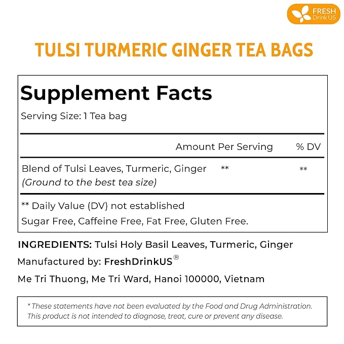 FreshDrinkUS, Premium 135 Tulsi Turmeric Ginger Tea Bags, 100% Natural & Pure from Tulsi Holy Basil Leaves, Turmeric and Ginger. Made with Natural Material Tea Bags. No Sugar, No Caffeine, Vegan.