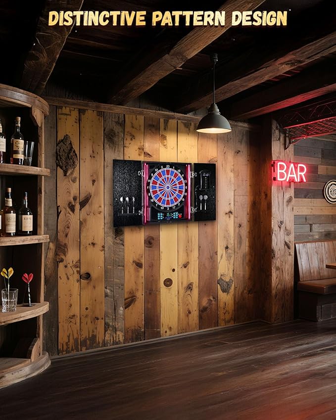 Electronic Dart Board, Electric Dartboard Cabinet Set for Adults [6 Soft Tip Darts] Individual Light Color for Each Player- Wooden Dartboard Cabinet for Family Game [Black]