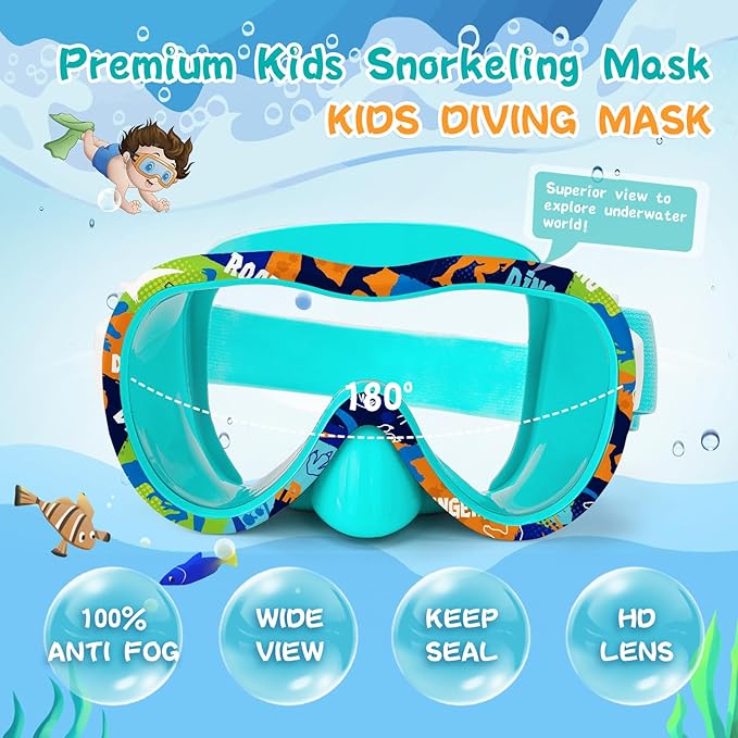 Kids Swim Goggles with Nose Cover, 180° Panoramic Snorkel Mask with Anti-Fog & Anti-Leak Design, Comfort Fabric Strap UV Protection Lens for Boys Girls Ages 3-15