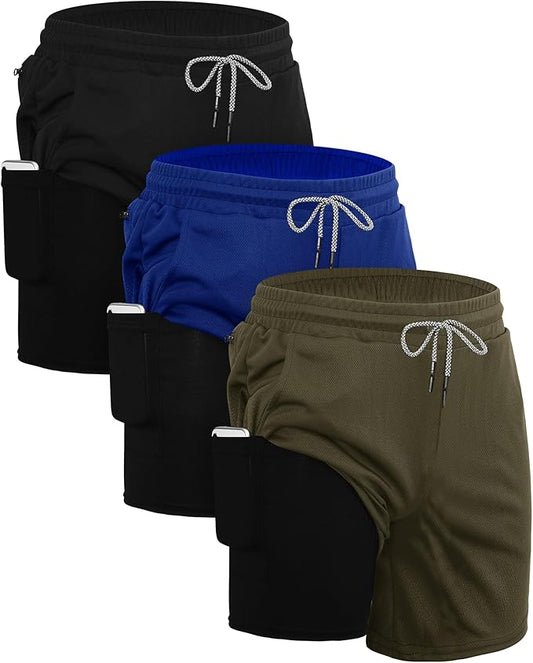 Sureio 3 Pcs Men's 2 in 1 Running Shorts 7 Inch Quick Dry Athletic Workout Shorts with Liner Phone Pockets Towel Loop