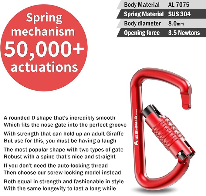 FresKaro 3inch 12kN-2698lbs Auto Locking Carabiner Clips, Solid D Shape, Heavy Duty 7075 Aluminum, Lightweight 1.09oz, Rust Proof, for Hammock, Hiking, Dog Leash, Keychain etc., Multi-Colors