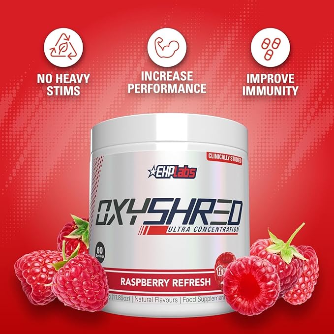 EHP Labs OxyShred Pre Workout Powder - Preworkout Powder with L Glutamine & Acetyl L Carnitine, Energy Boost Drink - Raspberry Refresh, 60 Servings