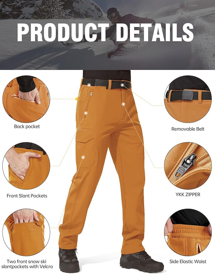 FREE SOLDIER Men's Outdoor Softshell Fleece Lined Cargo Pants Snow Ski Hiking Pants with Belt