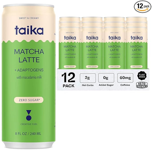 Taika Matcha Latte Iced Matcha Latte, Organic Ceremonial Grade Matcha w/Ashwagandha, 8 Fl Oz (Pack of 12))
