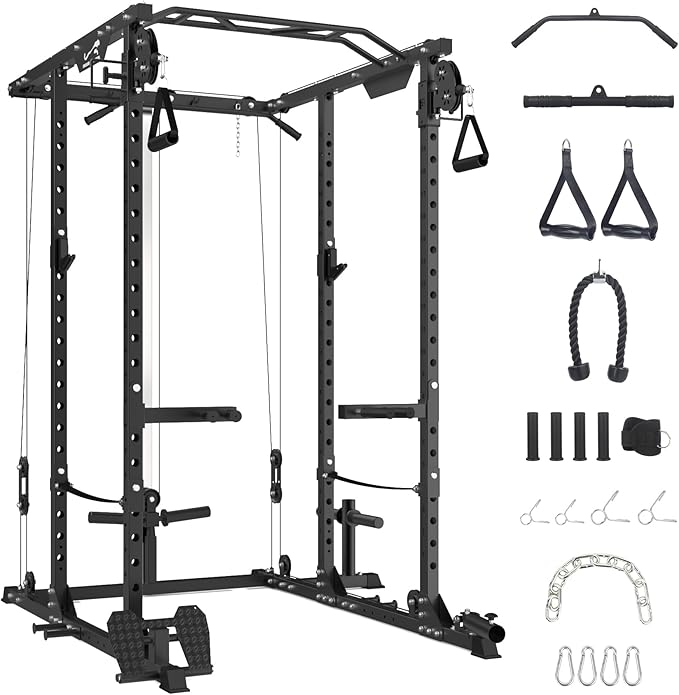 GaveeLife Power Cage, 2000 LBS Power Rack with Cable Cross-Over System, Multi-Functional Strength Training Squat Rack with LAT Pull Down System, Home Gym Equipment with Training Attachment, Red