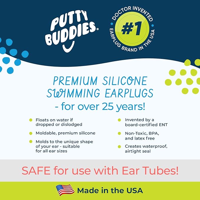 Earvolution Floating Putty Buddies Ear Plugs for Swimming - Invented by an Ear Physician - Moldable, Premium, Silicone - Floats on Water - Waterproof - Made in The USA - 3 Pack - Blue/Yellow/Green