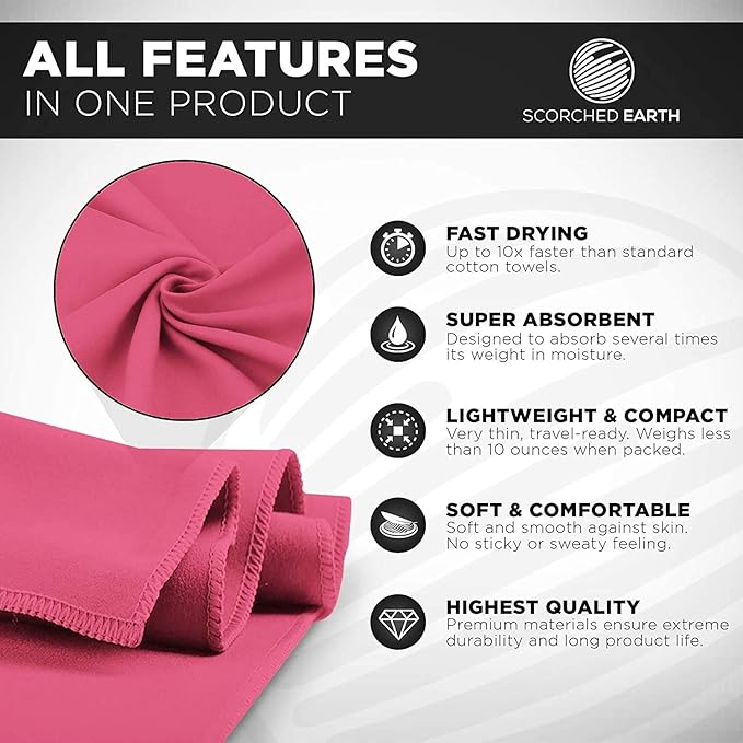 ScorchedEarth Microfiber Travel & Sports Towel Set - Quick Dry, Super Absorbent, Compact, Lightweight - for Camping, Backpacking, Hiking, Beach, Yoga, Swimming - Includes 2 Sizes + Carrying Bag & Clip